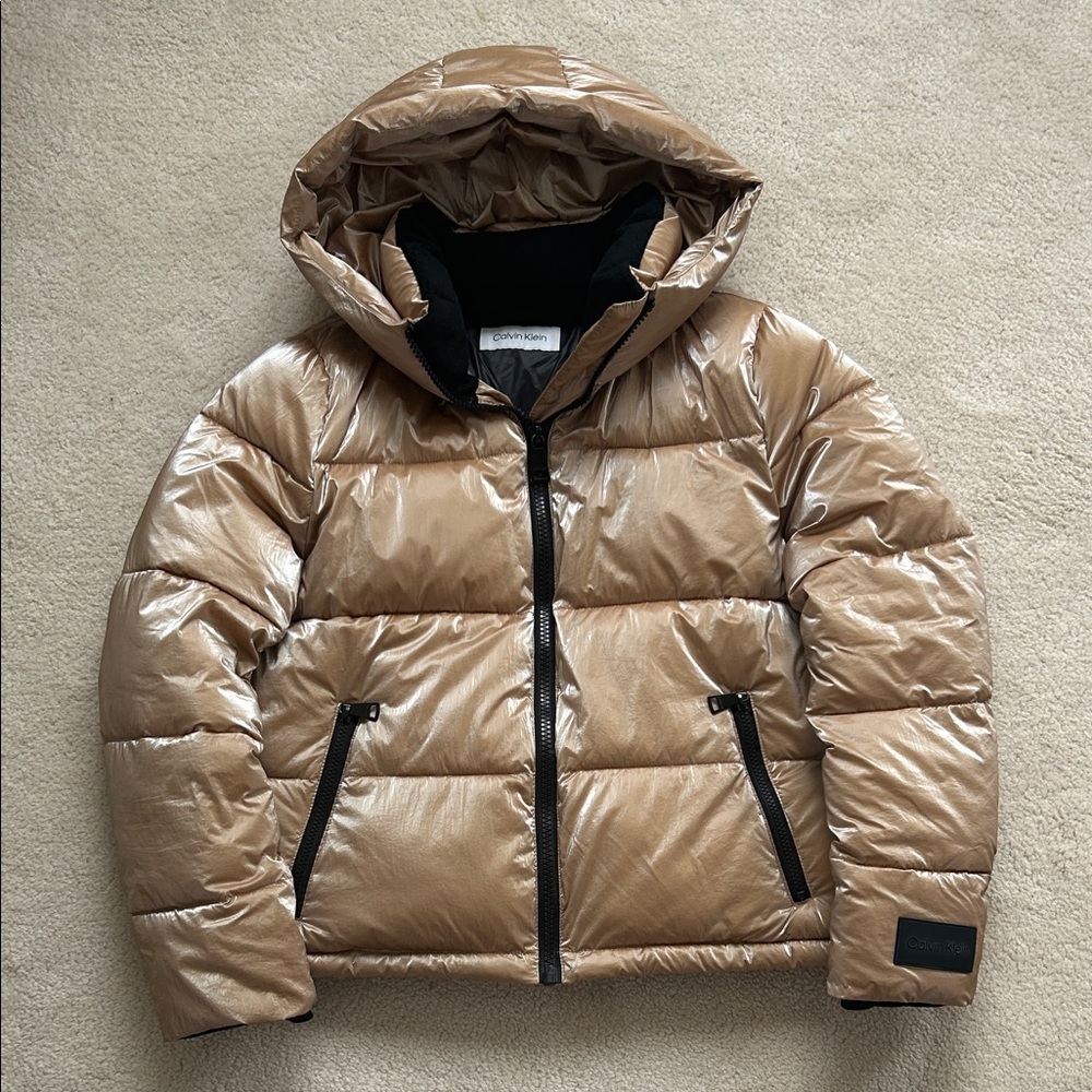 Calvin Klein Women's Metallic Tan Puffer Jacket with Hood